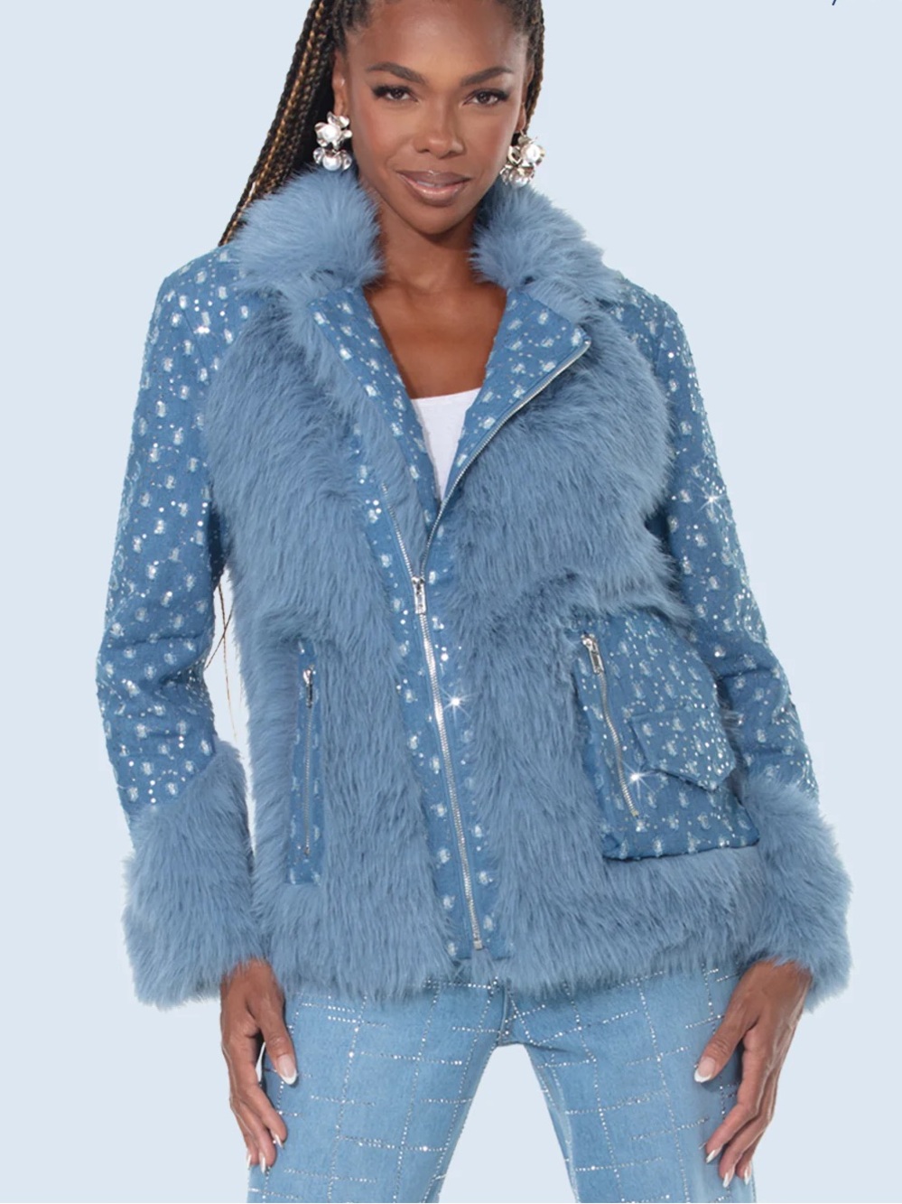 Denim Jacket Blue Faux Fur Moto Jacket Distressed Glitter Sequins Party Coat